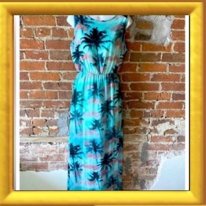 [#1058] FOREVER 21 | F21 | Palm tree maxi dress | blue aqua coral| 1X